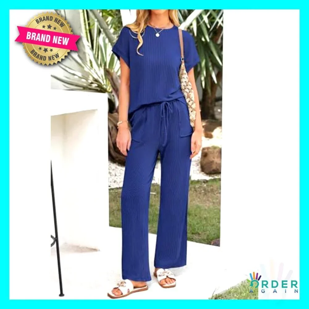 Ribbed Knit Lounge Set Short Sleeve Top Wide Leg Pants Casual Chic